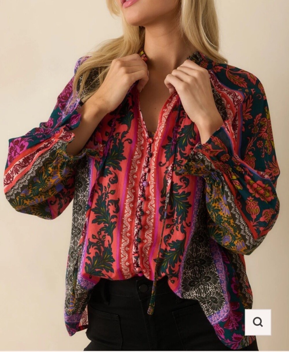 Dress Forum Patchwork  Floral Cotton Button Front Long Sleeve Ruffle Blouse L